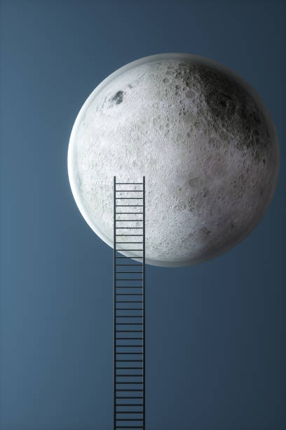 istock Moon satellite with a ladder on a blue background. 3d rendering illustration. 1598078541