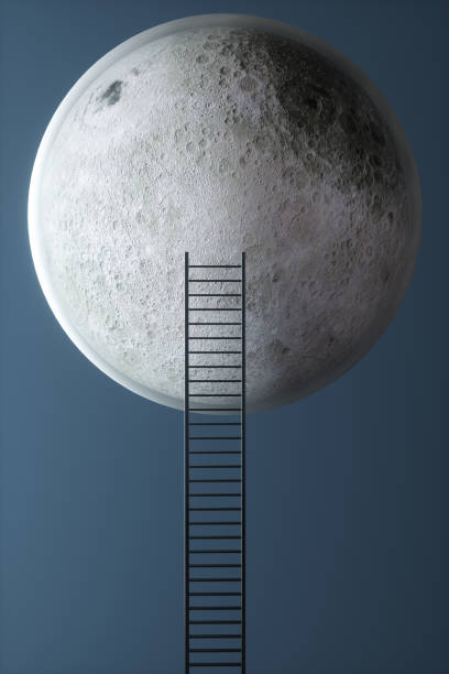 istock Moon satellite with a ladder on a blue background. 3d rendering illustration. 1598079051