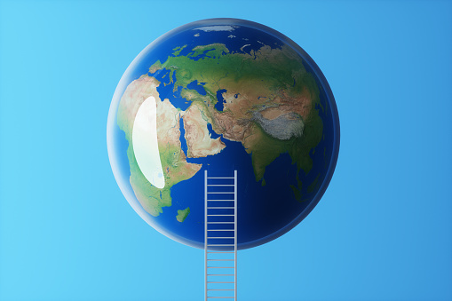 Planet EARTH with a ladder on a blue background. 3d rendering illustration.
