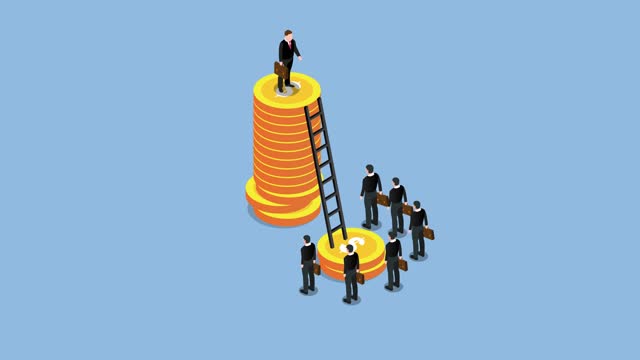 Successful man climbs stack of coins looking down less successful businessman