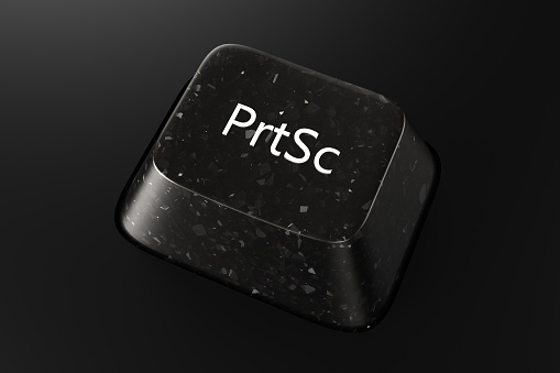 Black diamond keyboard button with PrtSc word on black background. 3d rendering illustration.