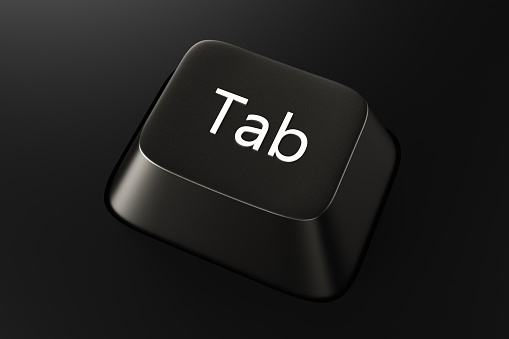 Black keyboard button with the word Tab on a black background. 3d rendering illustration.