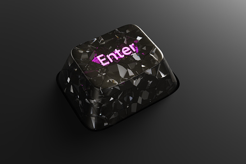 Black diamond keyboard button with neon Enter word on black background. 3d rendering illustration.