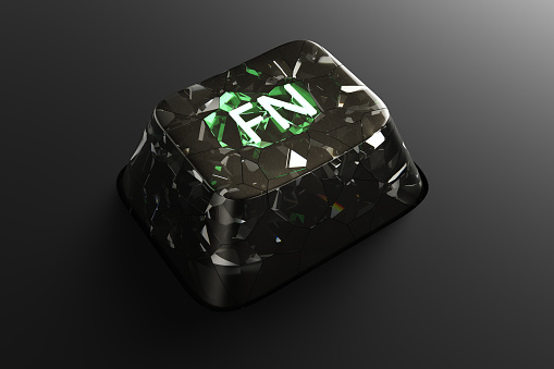 Black diamond keyboard button with neon word FN on black background. 3d rendering illustration.