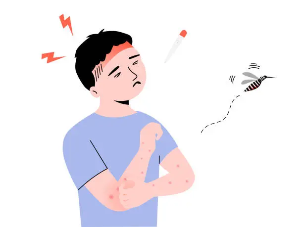 Vector illustration of Isolated of a child boy with dengue fever, aegypti mosquitoe and thermometer. Flat vector illustration.