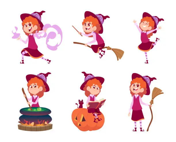 Vector illustration of Little witch. Funny and scary little girl in purple dress different emotions and poses exact vector cartoon characters