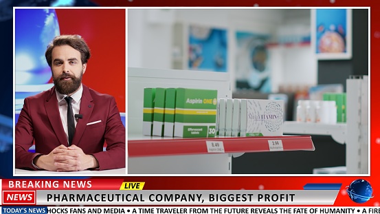 Pharmaceutical industry healthcare newscast presented by news anchor and discussing about medicine development. Drugstores experiencing profit growth, breaking news live reportage.