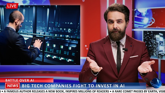 Newscaster talks about AI revolution among business companies for development, presenting artificial intelligence evolution updates for startups. Man news anchor does reportage segment.