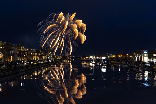 An illuminated firework against the backdrop of a tranquil river.