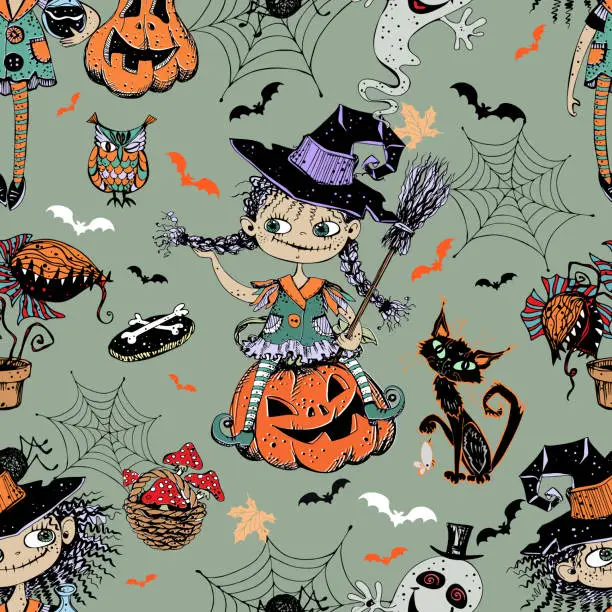 Vector illustration of Seamless pattern on Halloween theme with little girls witches pumpkins and various horror elements. Vector