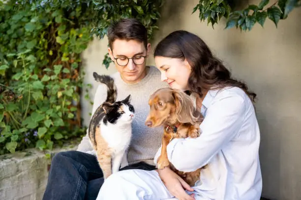 Photo of Young couple sitting in backyard holding a cat and a dog