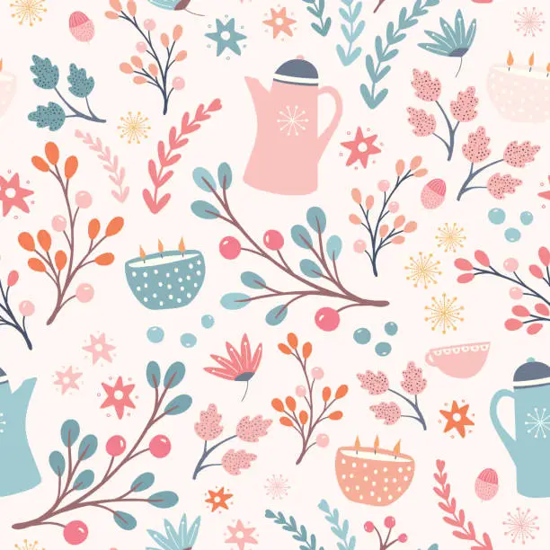 Vector illustration of Hygge Autumn and winter pattern design. Cute and cosy vector seamless repeat resource.