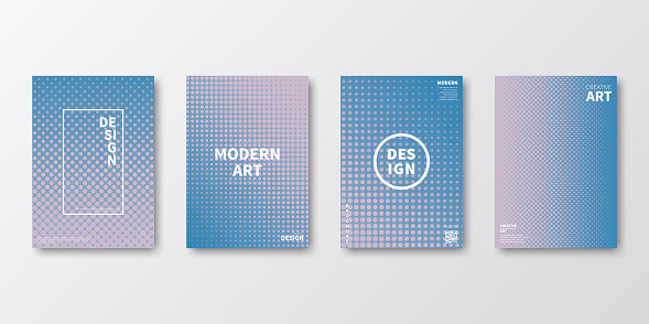 Set of four vertical brochure templates with modern and trendy backgrounds, isolated on blank background. Halftone illustrations with a lot of dots and beautiful color gradient (colors used: Pink, Purple, Gray, Blue). Can be used for different designs, such as brochure, cover design, magazine, business annual report, flyer, leaflet, presentations... Template for your own design, with space for your text. The layers are named to facilitate your customization. Vector Illustration (EPS file, well layered and grouped). Easy to edit, manipulate, resize or colorize. Vector and Jpeg file of different sizes.