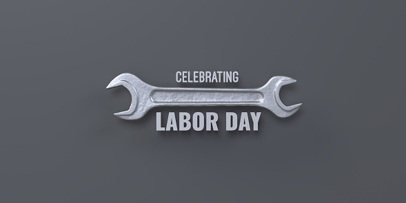 Happy Labor Day concept: Celebrating the federal holiday in the United States on September4th, 2023 and the International Labor Day on 1st May. Worktool and english text on colored background, copy space.  3D right of labor illustration design template greeting banner, flyers, brochures.
