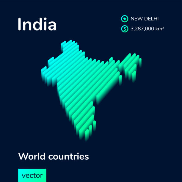 mapa 3d indii. stylizowana izometryczna mapa wektorowa w miętowych turkusowych kolorach na ciemnoniebieskim tle. plakat do nauki geografii, element infografiki. - india capital cities new delhi map stock illustrations