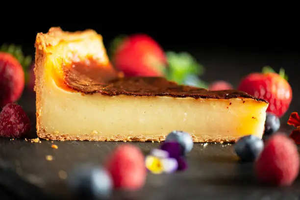 Home made custard tart, also known as flan patissier or Parisian. A baked pastry consisting of an outer sweet shortcrust pastry filled with egg custard.