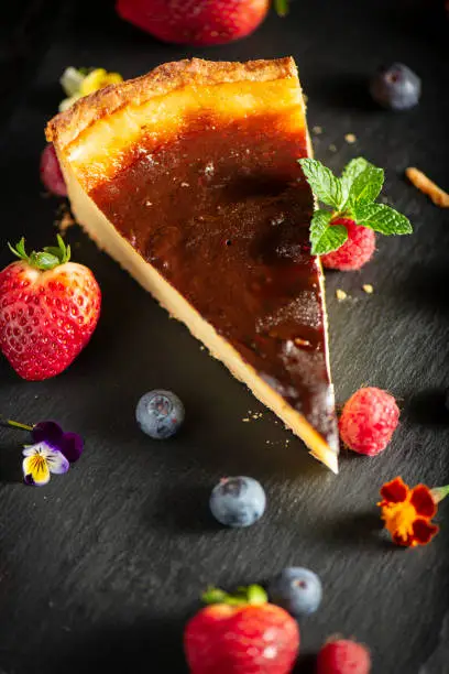 Home made custard tart, also known as flan patissier or Parisian. A baked pastry consisting of an outer sweet shortcrust pastry filled with egg custard.