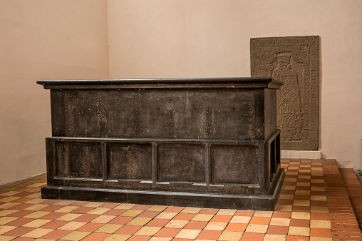 the black marble sarcophagus in the Sorø Abbey church is the final resting place for Valdemar Atterdag, Denmark, July 29, 2023