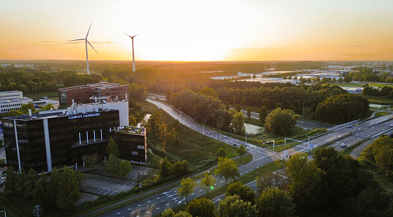 Wind turbines in the Hambaken neighbourhood in Den Bosch (‘s-Hertogenbosch) at sunset