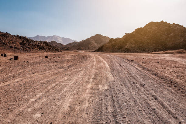 désert sec vide sous la lumière du soleil - tire track egypt track africa photos et images de collection