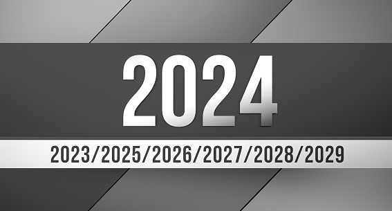 Year 2024 is a black and white concept, with past and future years changing. 2023-2024 wallpaper, banner. 3D render