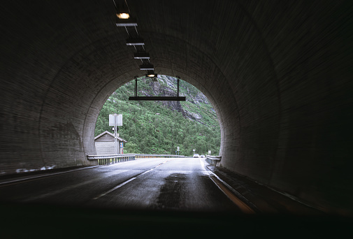 Tunnel in Norway. View from inside the car on the road