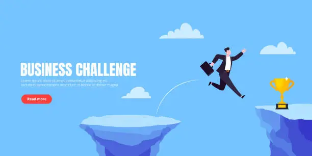 Vector illustration of Businessman jumps over the abyss across the cliff flat style design vector illustration.