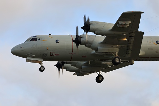 Lockheed C-130 Hercules of the Royal Netherlands Air Force (RNLAF) flying in mid air during sunset near Deelen airflield at the Veluwezoom nature reserve in Gelderland, The Netherlands.