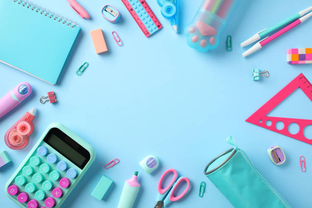 istock Back to school concept. Flat lay composition with school supplies on pastel blue background. 1598299723