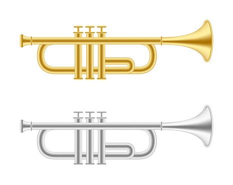 Trumpet brass gold silver horn musical instruments playing design elements.