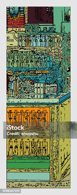 istock colors art outline woodcut style products display in cabinets of stores 1598307319
