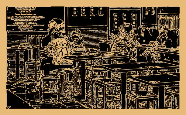Vector illustration of City Leisure Time concept,Customers in cafeteria,outline woodcut art illustrations