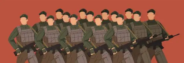 Vector illustration of Soldiers march on parade. Airborne army in khaki, beret and body armor with weapon in arms. Military people, warriors, patriots, armed men in platoon, group defend and attack. Flat vector illustration