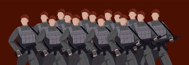 istock Soldiers marching. Army, service men troop, formation on military war parade. Servicemen group, infantry team in uniform, firearm weapon, rifles, shotguns. Armed forces. Flat vector illustration 1598311645