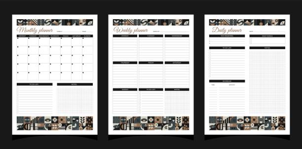 планировщик задает геометрию. еженедельные, ежемесячные и ежедневные планировщики. планировщики для печати шаблона с геометрическими фиг� - weekly budget stock illustrations