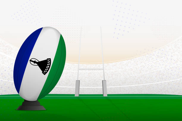 istock Lesotho national team rugby ball on rugby stadium and goal posts, preparing for a penalty or free kick. 1598340413