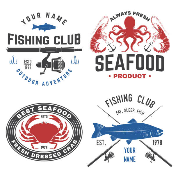 Set of fishing and seafood badges, logos, labels, sticker. Vector. For emblem, sign, patch, shirt, menu restaurants with fishing rods, hook, tuna, trout, shrimp, octopus silhouette Set of fishing and seafood badges, logos, labels, sticker. Vector. For emblem, sign, patch, shirt, menu restaurants with fishing rods, hook, tuna trout shrimp octopus silhouette rainbow crab stock illustrations
