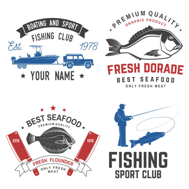Set of fishing and seafood badges, logos, labels, sticker. Vector. For emblem, sign, patch, shirt, menu restaurants with alaska sole or flounder, dorade, fishing rods, fisherman, boat, yacht, hook silhouette. Set of fishing and seafood badges, logos, labels, sticker. Vector. For emblem, sign, patch, shirt, menu restaurants with alaska sole or flounder, dorade, fishing rods, fisherman, boat yacht hook silhouette rainbow crab stock illustrations