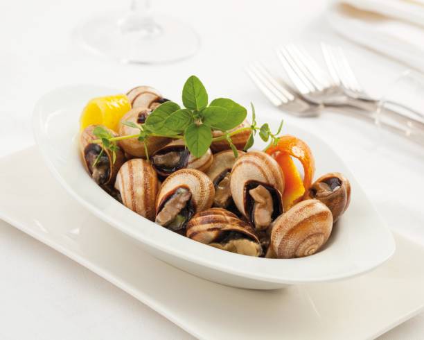 escargot d’escargot cuit avec des légumes - garlic butter snail garlic herb photos et images de collection