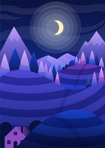 Countrisyde landscape night. Crescent moon at dark sky. Moonlight and twilight. Countryside, rural landscape and village. Change of time of day. Cartoon flat vector illustration