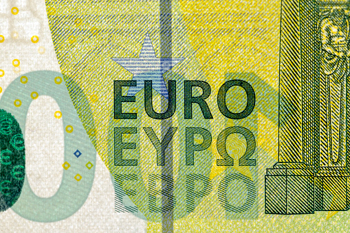 Close-up of the one hundred euro banknote of the European Union, genuine one hundred euro banknote