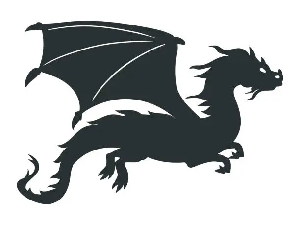 Vector illustration of Cartoon dragon silhouette. Flying fire breathing reptile, winged medieval dragon. Fairy dragon flat vector illustration