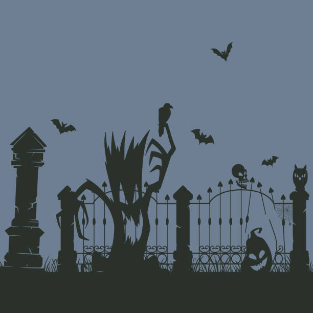 istock Halloween graveyard silhouette poster. Spooky cemetery silhouettes, scary halloween decoration with scary gravestones, trees and bats flat cartoon vector illustration 1598352406