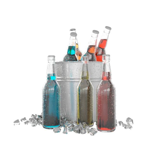 A collection of assorted soda bottles, resting in a bed of ice cubes on a table top