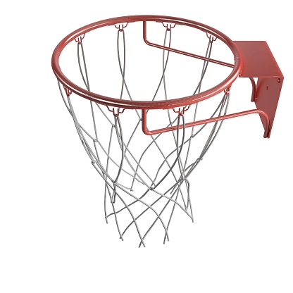 A basketball hoop isolated against a white background, viewed from the side