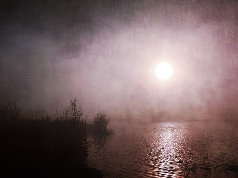 My original horizontal landscape photo of the early morning sun shining through fog reflecting onto the rippled surface of the lagoon in Winter has been transformed using the Mextures app to give a mystical, otherworldly feeling to the image. New England high country near Armidale, NSW.