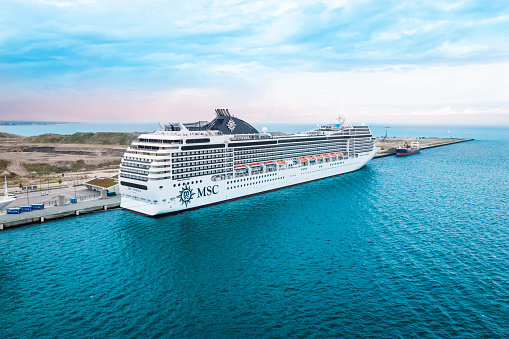 Copenhagen, Denmark - July 29, 2023: MSC Poesia cruise ship docked in port of Copenhagen, Denmark.