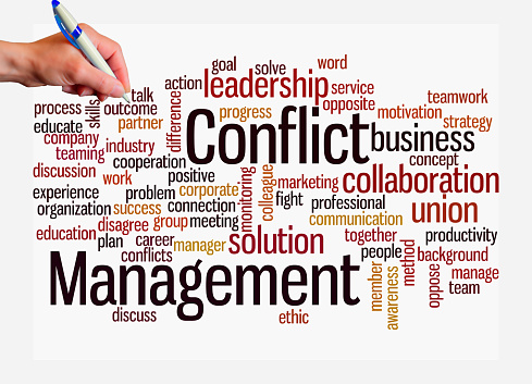 Word Cloud with CONFLICT MANAGEMENT concept, isolated on a white background.