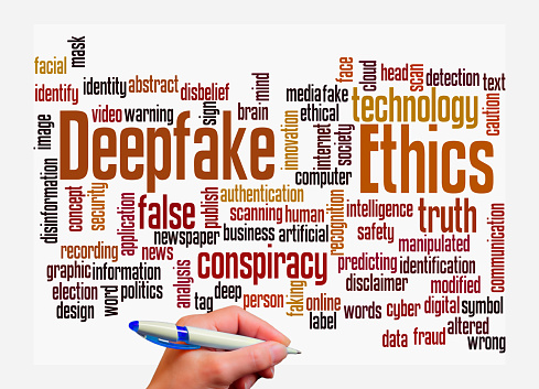 Word Cloud with DEEPFAKE ETHICS concept, isolated on a white background.