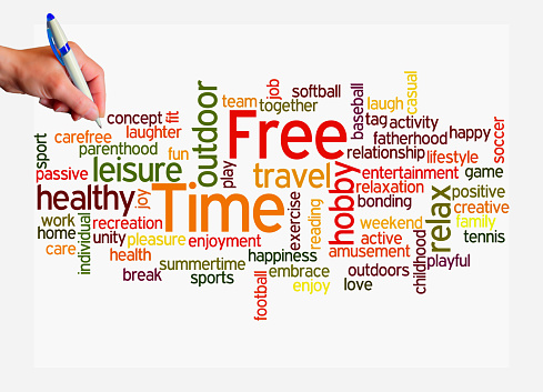 Word Cloud with FREE TIME concept, isolated on a white background.